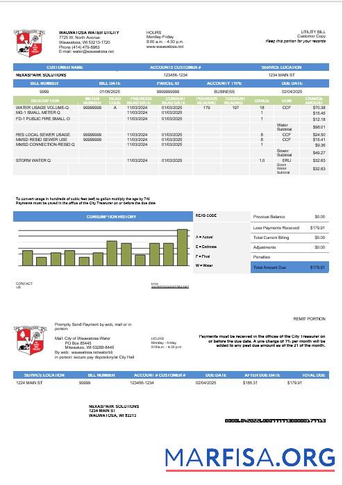 Printable USA Wawatosa Water Utility business utility bill template in Word and PDF formats